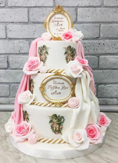 Торта за кръщене Ангели в розово и злато